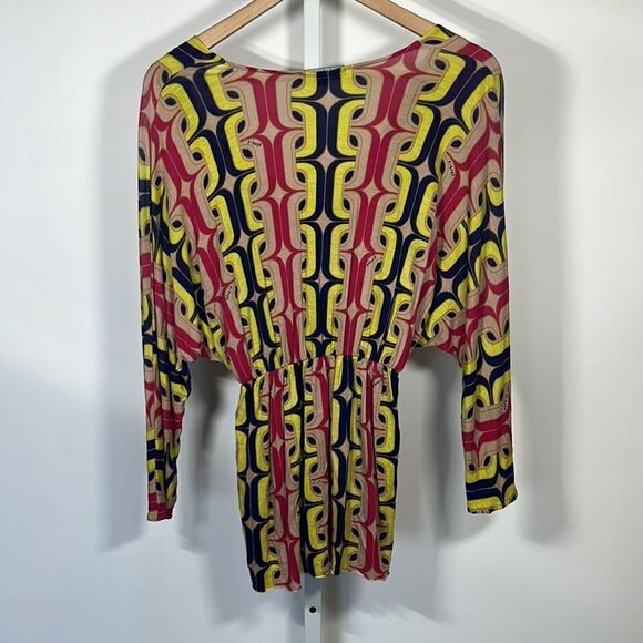 T-BAGS Women’s Abstract Print Plunge Neckline Tunic Top Yellow/Pink Size Large - Picture 7 of 9